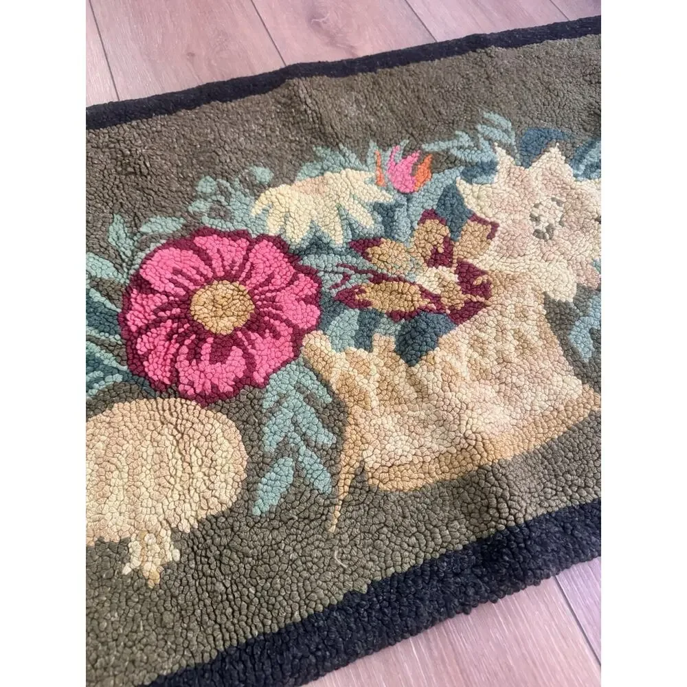 Vintage Hand Hooked Rug Floral Basket Primitive Cottagecore 21x34 Wool Accent